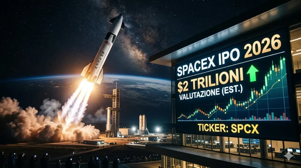 Grafico finanziario SpaceX IPO 2026 con valutazione da 2 trilioni di dollari, ticker SPCX e dettagli sulle strategie SEO per il posizionamento web, accanto al lancio di un razzo Starship.