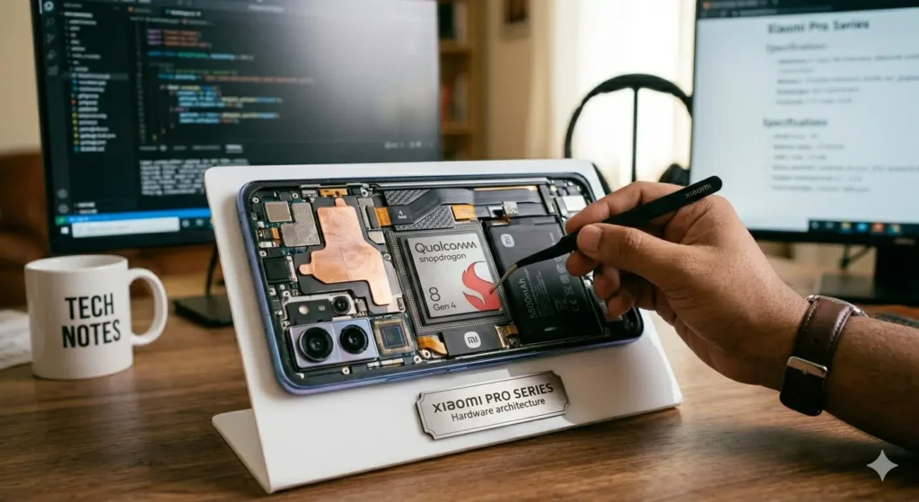 Xiaomi 17T Pro: Scheda Tecnica, Prezzo, Uscita e Tutto Quello che Sappiamo sul Prossimo Flagship Killer Vista dettagliata dei componenti interni e dell'hardware dello Xiaomi 17T Pro su un espositore da laboratorio con chip Qualcomm Snapdragon 8 Gen 4 ben visibile.