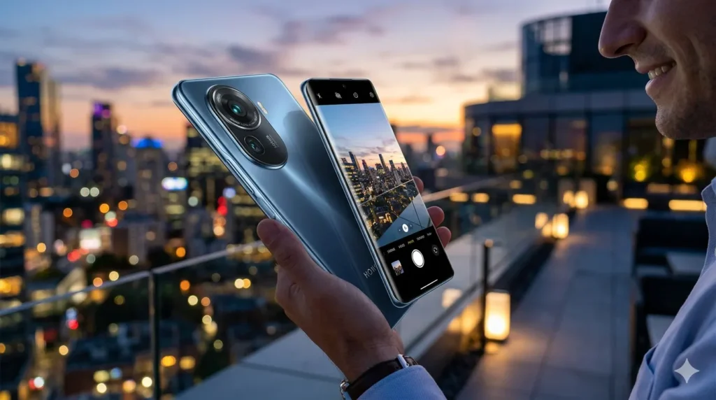 Recensione Honor 600 2026 - Primo piano di un uomo che tiene in mano l'Honor 600, un elegante smartphone argentato, mostrando il suo sofisticato modulo fotografico da 200 MP sul retro e l'interfaccia dell'app fotocamera sullo schermo, che inquadra uno skyline urbano al tramonto da una terrazza panoramica.