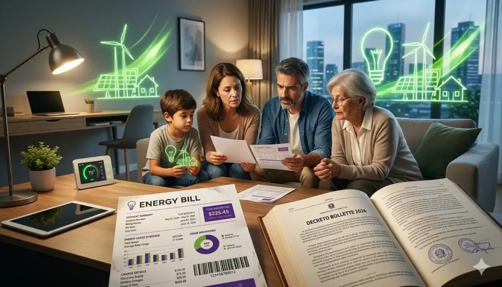 Decreto Bollette 2026: Guida Completa ai Contributi Straordinari e ai Nuovi Requisiti Una famiglia riunita in salotto analizza le bollette energetiche e un documento del Decreto Bollette 2026, con grafici e icone di risparmio energetico.