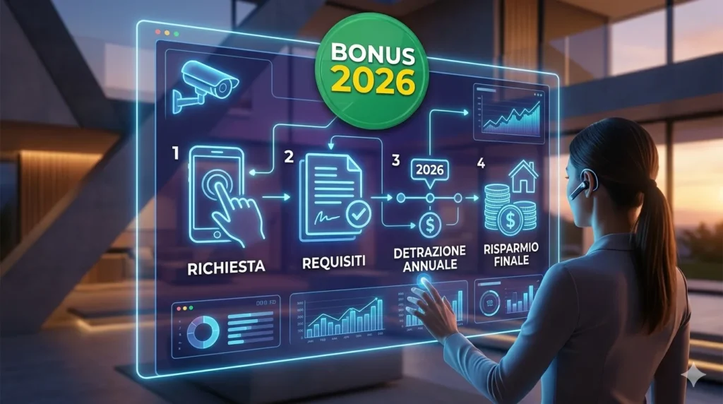 Bonus Impianti Allarme 2026: La Guida Definitiva per Proteggere la Tua Casa Risparmiando Infografica a scorrimento che illustra i quattro passaggi chiave per ottenere la detrazione fiscale del bonus impianti allarme 2026: richiesta, verifica requisiti, detrazione annuale e risparmio finale.
