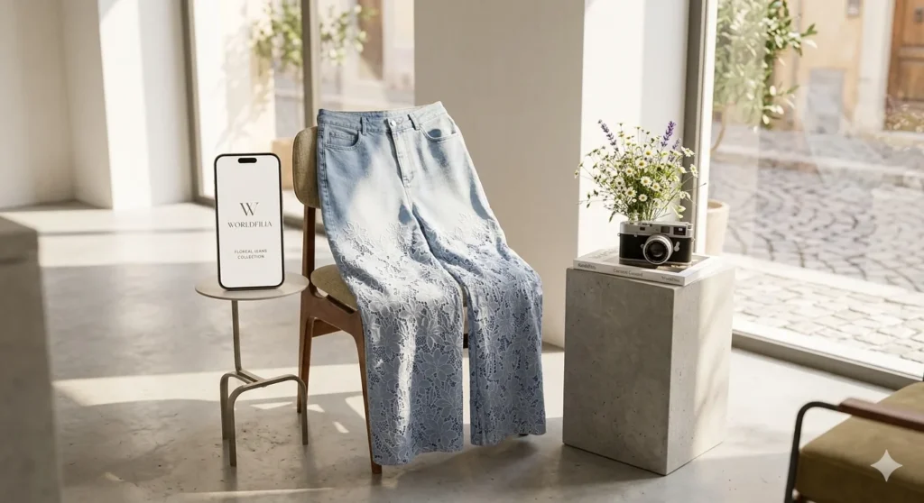 Floreal Jeans 2026; Dettaglio ravvicinato di una gamba dei Jeans Floreali Worldfilia in denim chiaro con ricamo floreale in pizzo traforato.