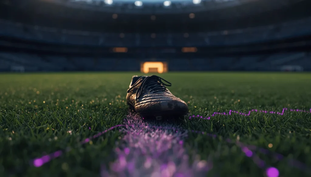 Roberto Baggio ultima partita: 22 anni fa l'addio del Divin Codino e la lezione che ogni scommettitore dovrebbe imparare Una scarpa da calcio classica nel fango su un campo d'erba vuoto con linee grafiche viola, metafora della lezione di Roberto Baggio per gli scommettitori.