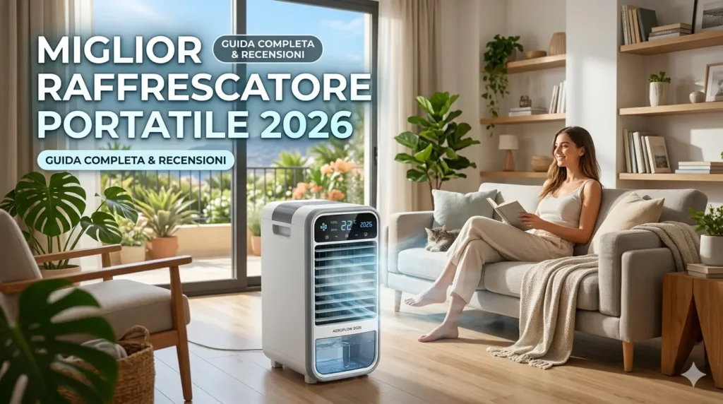 Un raffrescatore evaporativo portatile moderno in funzione in un luminoso soggiorno, con una donna seduta sul divano che legge, e testo in evidenza "MIGLIOR RAFFRESCATORE PORTATILE 2026".