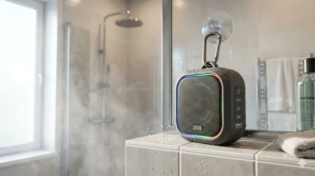 Cassa bluetooth doccia 2026 di colore grigio con luci LED RGB e ventosa fissata su piastrelle bianche bagnate.