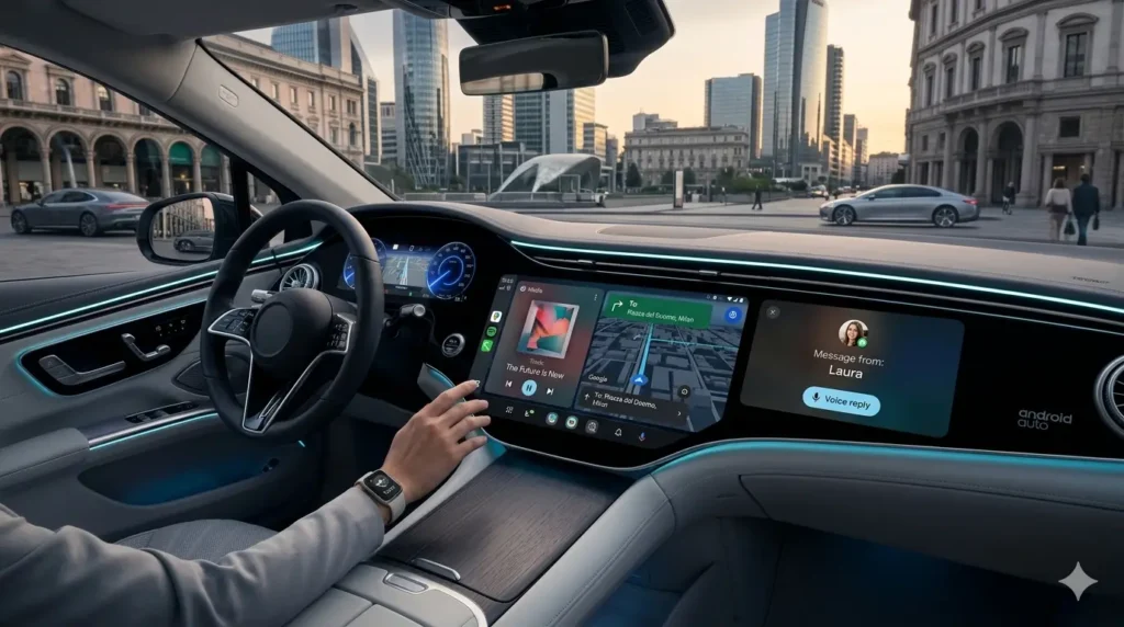 Vista dall'interno dell'abitacolo di un'auto moderna che mostra il grande display del cruscotto con la nuova interfaccia diell' aggiornamento Android Auto 2026. Sullo schermo diviso si vedono la navigazione mappe in 3D verso Milano, il lettore musicale con la copertina dell'album e la notifica di un messaggio in arrivo. Sullo sfondo, attraverso il parabrezza, si intravede una città moderna al tramonto.