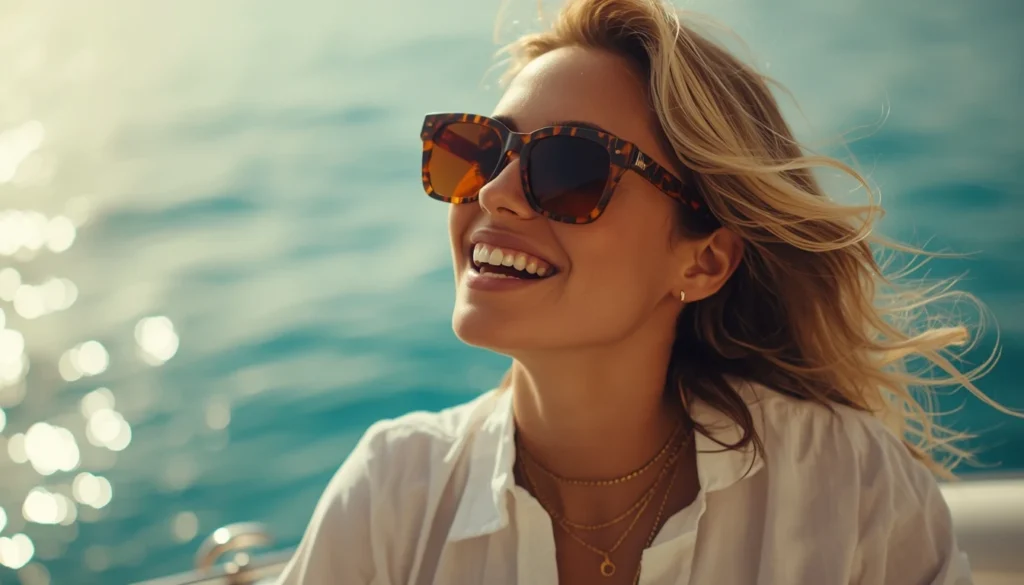 "Modella indossa gli occhiali glamour donna 2026 must-have della collezione Sunny Style."