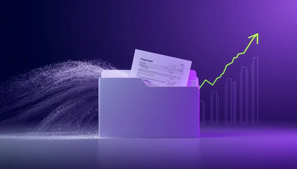 Una cartella portadocumenti bianca con un modulo fiscale che si dissolve in polvere, con sullo sfondo un grafico finanziario in crescita verde neon su sfondo viola. Immagine concettuale per il decreto fiscale Rottamazione Quinquies
