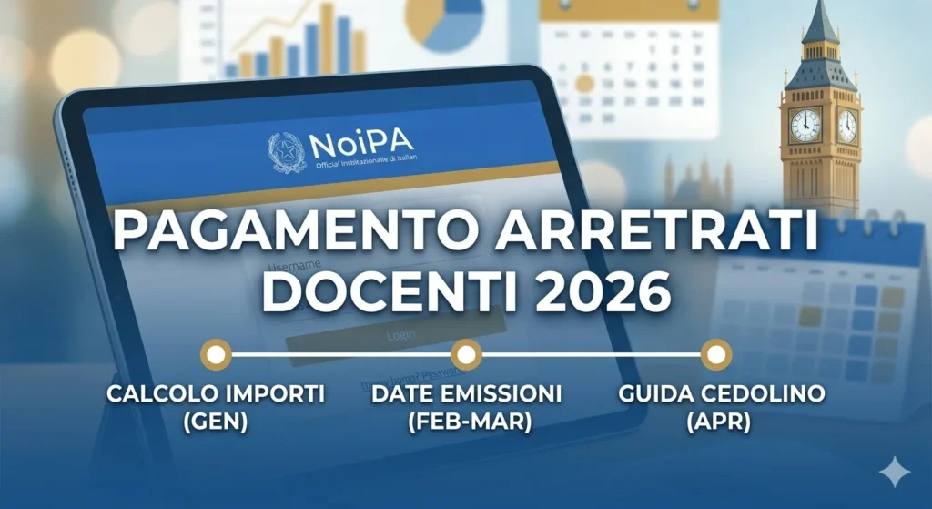 Un tablet mostra il portale NoiPA con una grafica che riassume il pagamento arretrati docenti 2026 e le date di emissione.