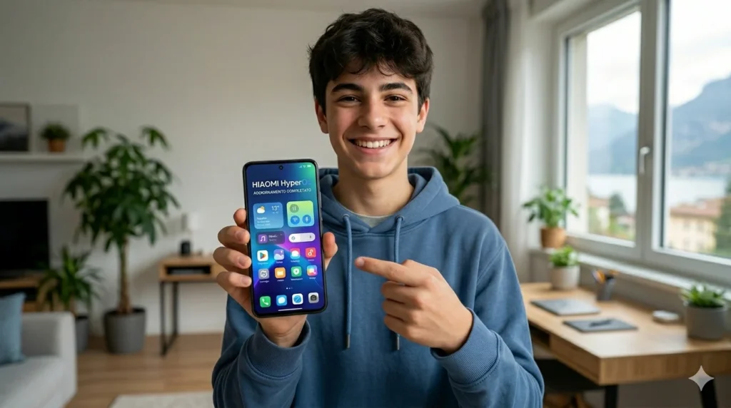 Xiaomi HyperOS 2026: La Guida Definitiva all'Aggiornamento, Modelli Supportati e Trucchi di Ottimizzazione Un giovane ragazzo sorridente in un moderno soggiorno mostra lo schermo di uno smartphone Hiami con l'interfaccia utente Aggiornamento HyperOs 2026 e un messaggio di aggiornamento completato in italiano, con una vista sul lago di Garda e le montagne sullo sfondo.