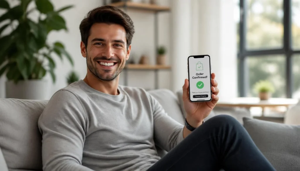 Recensione Honor 600 2026: Il Re della Batteria Sottile con Fotocamera da 200 MP Un ragazzo millennial sorridente mentre ordina online uno smartphone durante la lettura della recensione honor 600 2026.