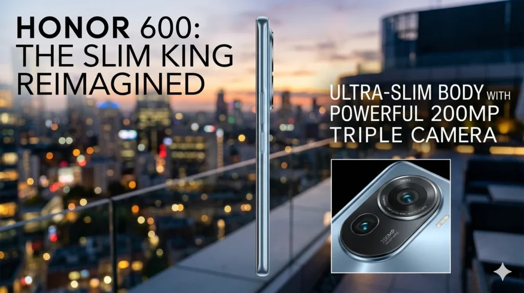 Recensione Honor 600 2026: Il Re della Batteria Sottile con Fotocamera da 200 MP Profilo ultra sottile del nuovo smartphone Honor in una recensione honor 600 2026, mostrato di lato per evidenziare lo spessore ridotto e la scocca metallica premium.