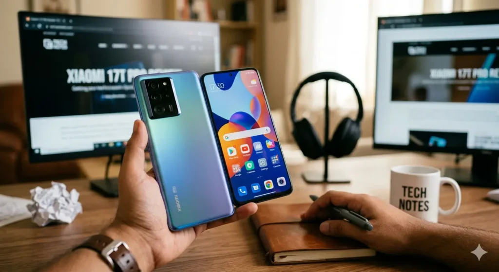 Primo piano di Xiaomi 17T Pro con scocca sfumata viola e azzurra in uno studio tecnologico durante una recensione professionale.