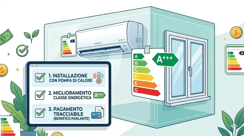 Bonus Condizionatori 2026: La Guida Definitiva su Detrazioni, Requisiti e Migliori Modelli Illustrazione tecnica che elenca i 3 passaggi chiave per accedere all'Ecobonus condizionatori 2026.
