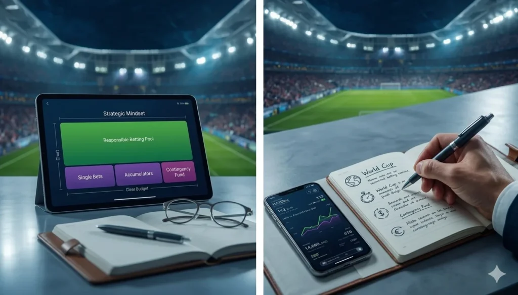 Mondiali di Calcio 2026: Strategie di Betting Consapevole e Gestione del Budget Un tablet con ripartizione del budget di betting e un quaderno con appunti scritti a mano per la pianificazione dei Mondiali di Calcio 2026.