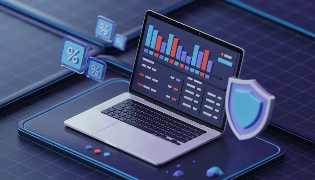 Guida Scommesse UFM Calcio e Serie Minori: Bonus Sisal e Strategie per Vincere in Eccellenza ufm calcio : Laptop 3D con grafici di comparazione quote scommesse, icone percentuali e scudo protettivo su scrivania futuristica.