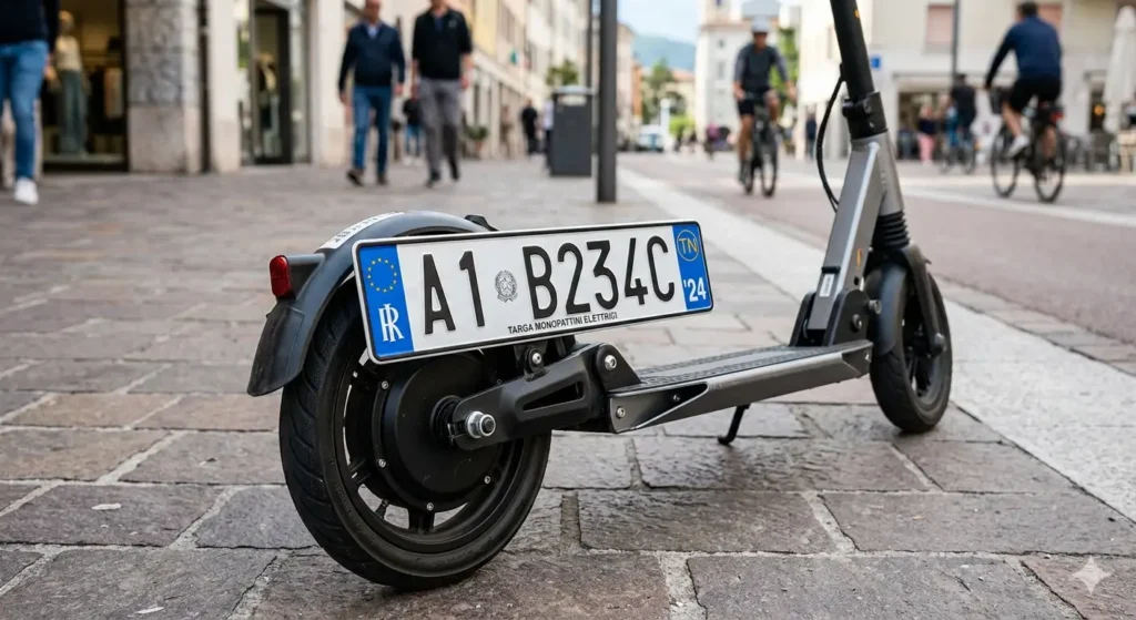 Targa monopattini elettrici; Un monopattino elettrico parcheggiato in una via cittadina italiana con una targa identificativa bianca e blu installata sul lato posteriore.