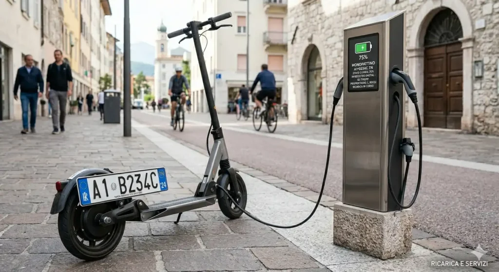 Targa Monopattini Elettrici Obbligatoria 2026: La Guida Completa su Costi, Procedura e Mezzi Omologati targa monopattini elettrici; Un monopattino elettrico targato collegato a una colonnina di ricarica pubblica su un marciapiede cittadino, con lo schermo della colonnina che mostra lo stato della batteria.