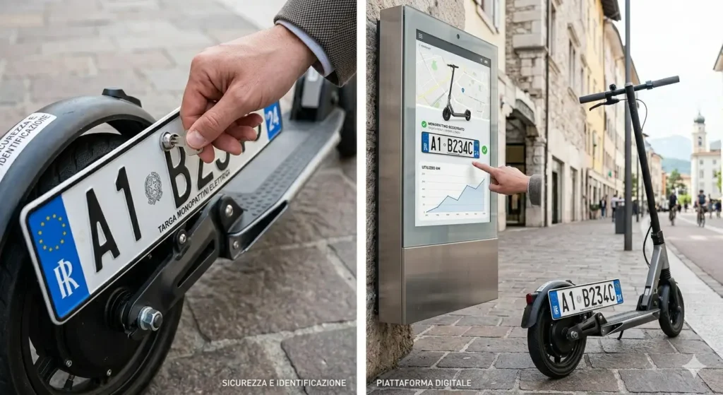 Targa Monopattini Elettrici Obbligatoria 2026: La Guida Completa su Costi, Procedura e Mezzi Omologati Dettaglio ravvicinato di una mano che utilizza una chiave per fissare una targa identificativa A1-B234C TN su un monopattino elettrico, con testo 'SICUREZZA E IDENTIFICAZIONE'.