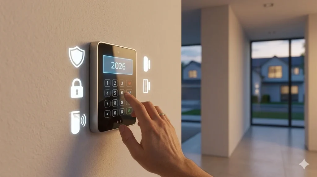 Bonus Impianti Allarme 2026: La Guida Definitiva per Proteggere la Tua Casa Risparmiando Dettaglio del tastierino touch screen per il controllo del sistema di allarme domestico agevolato dal bonus 2026, installato in un corridoio moderno.