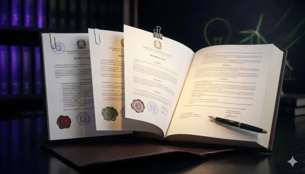 Decreto Bollette 2026: Guida Completa ai Contributi Straordinari e ai Nuovi Requisiti Un libro aperto recante la scritta Decreto 2026 e fogli con sigilli in ceralacca ed elementi grafici di energia sostenibile sullo sfondo.