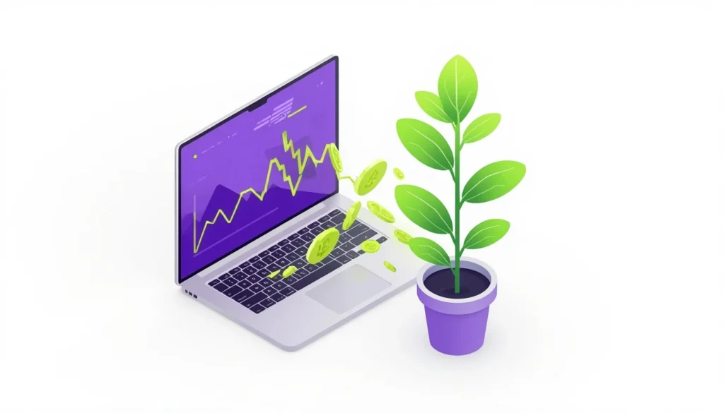 Trade Republic 2026: La Guida Definitiva alla Gestione del Capitale per Affiliate Marketer e Investitori Illustrazione 3D di monete digitali che alimentano una pianta, simbolo di reinvestimento profitti su Trade Republic 2026