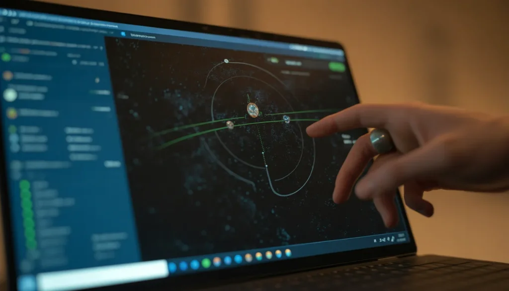 Fenomeno Luminoso nel Cielo: La Guida Tecnologica per Identificare Satelliti, Droni e Bolidi Schermo laptop Windows 11 con software Stellarium per il tracking di satelliti e fenomeni luminosi.