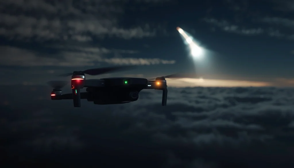 Fenomeno Luminoso nel Cielo: La Guida Tecnologica per Identificare Satelliti, Droni e Bolidi Drone XTactical in volo notturno mentre riprende un fenomeno luminoso nel cielo con telecamera HD.