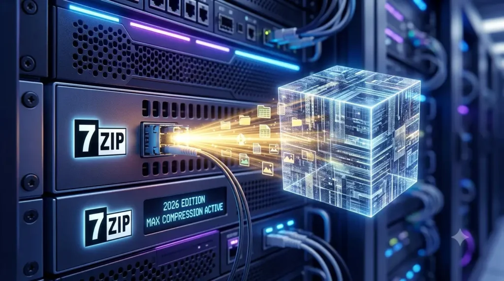 Un server a rack in un data center, con un raggio di luce dorata che colpisce un cubo trasparente e compatto. Sulla parte anteriore del server è visibile una piccola etichetta con il logo 7-Zip e la scritta "2026 EDITION".