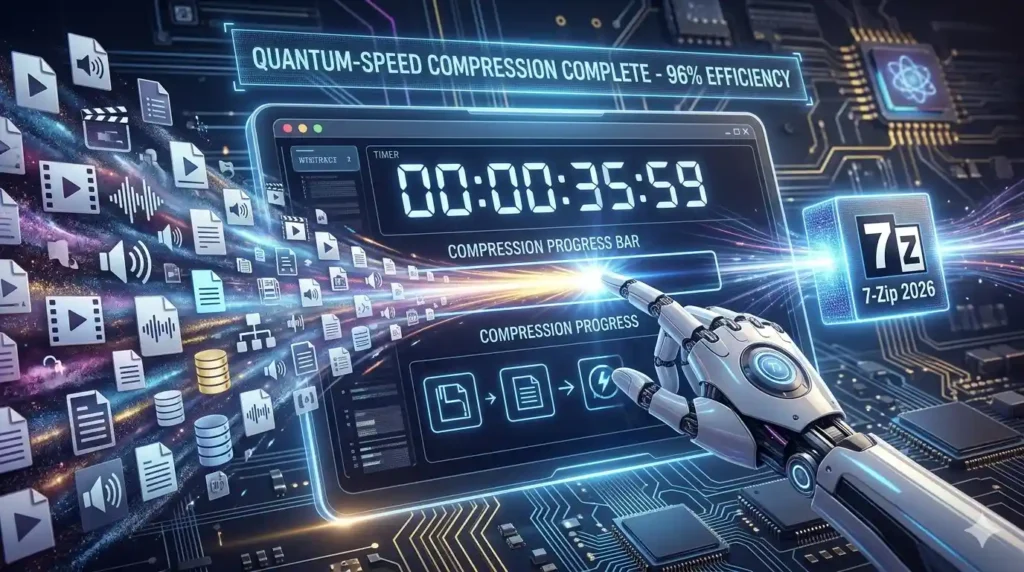 7-Zip 2026: La Guida Definitiva alla Compressione e Sicurezza dei tuoi Dati Un'interfaccia pannello di controllo ultra-moderna con un timer digitale che conta rapidamente i millisecondi. Una mano robotica tocca lo schermo. Una scia di luce intensa attraversa lo schermo come una barra di avanzamento. Un flusso massiccio di diverse icone di file non compressi (video, audio, database) entra da sinistra e si condensa istantaneamente in un piccolo blocco di archivio 7-Zip 2026 luminoso sulla destra. Un testo olografico dice 'COMPRESSIONE COMPLETATA IN VELOCITร QUANTISTICA - 96% DI EFFICIENZA'.