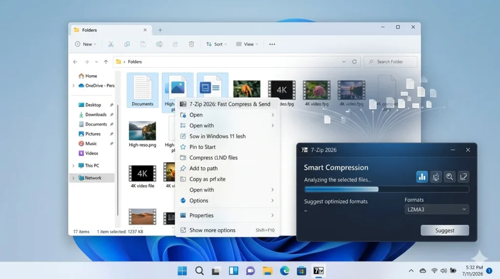 7-Zip 2026: La Guida Definitiva alla Compressione e Sicurezza dei tuoi Dati Un desktop moderno di Windows 11 nell'anno 2026. Una cartella aperta mostra varie icone di file (documenti, foto ad alta risoluzione, file video 4K). Un menu contestuale รจ aperto con l'opzione '7-Zip 2026: Comprimi e Invia Velocemente'. Accanto, una finestra dell'applicazione 7-Zip 2026 con un design moderno mostra una funzione 'Smart Compression' che analizza i file selezionati.