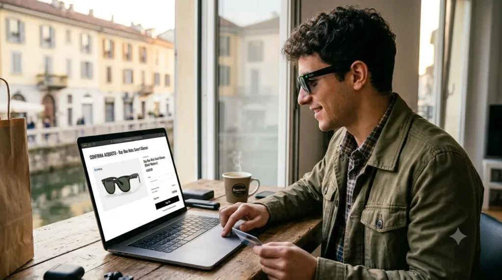 Ray-Ban Meta Glasses: La Recensione Completa degli Occhiali Smart con IA Un ragazzo sorridente seduto davanti a un laptop mentre effettua l'acquisto online dei Ray-Ban Meta glasses utilizzando una carta di credito.