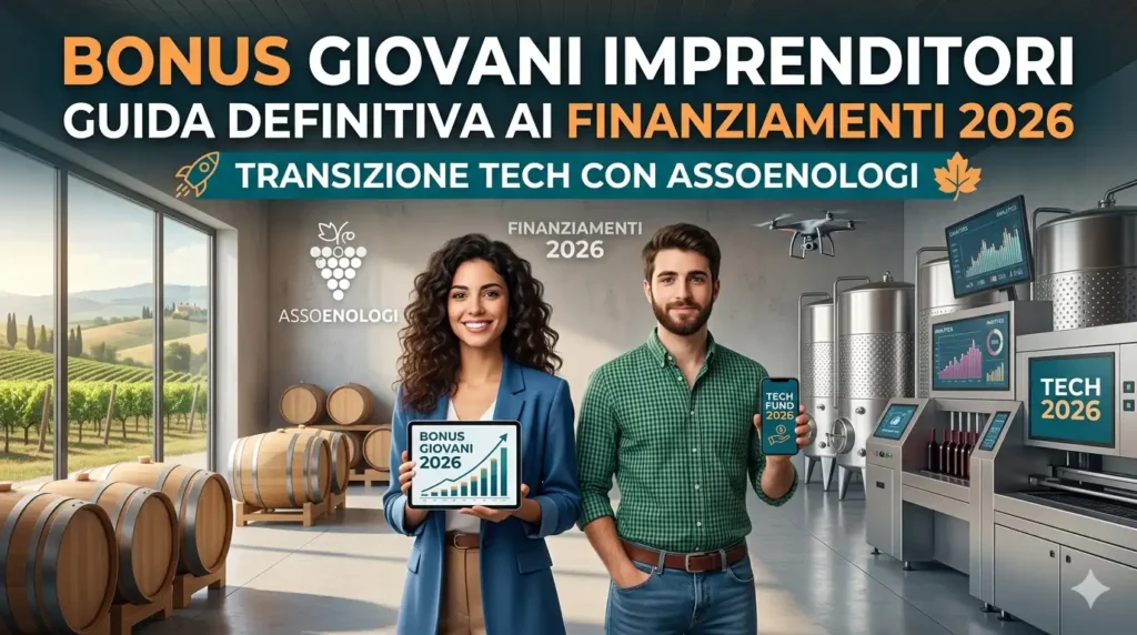 Un'immagine banner illustrata per un articolo sul "Bonus Giovani Imprenditori". Mostra due giovani in una cantina che unisce elementi tradizionali e tecnologici, con tablet e smartphone che indicano "Finanziamenti 2026" e "Transizione Tech". Il titolo completo è visibile, insieme al logo Assoenologi.