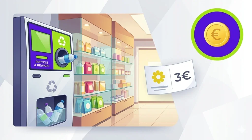 Conad Sconto 2026: La Guida Definitiva al Riciclo Coripet che ti Regala i Buoni Spesa Grafica creativa in stile vettoriale moderno con una macchina ecocompattatrice Coripet in un supermercato, un buono sconto Conad 2026 da 3 euro e il logo aziendale di MoneyRain Store.