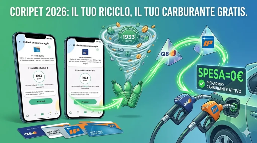 Prezzo benzina ; "Illustrazione concettuale del programma Coripet: riciclo bottiglie in PET e accumulo punti per carburante gratis presso Q8 e IP."