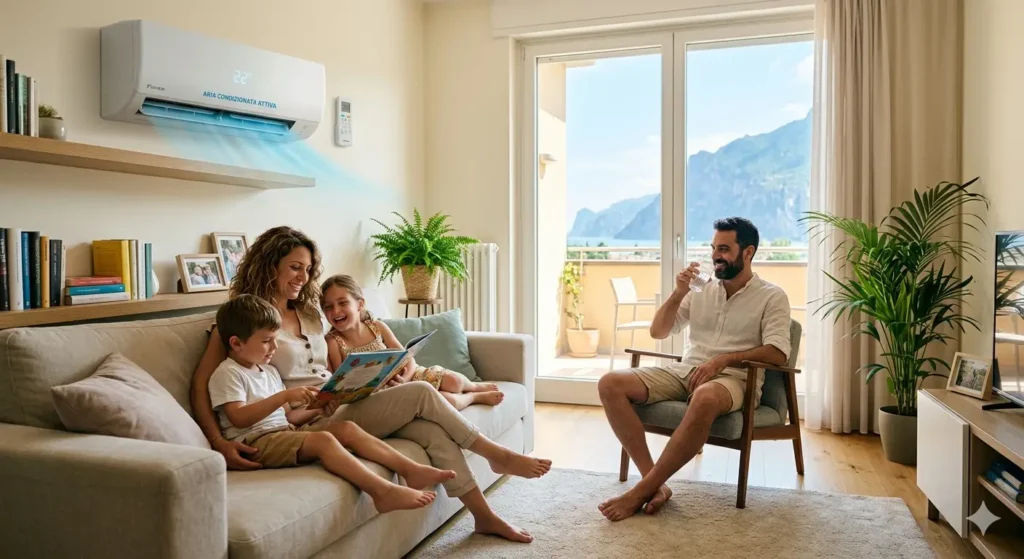 Previsioni meteo caldo 2026: la guida definitiva per proteggere la tua casa e il tuo benessere dall'afa record Previsioni meteo caldo 2026; Immagine di una famiglia felice che si rilassa in un soggiorno fresco e confortevole, con un condizionatore d'aria acceso visibile sulla parete e un display che mostra la temperatura di 22°C.