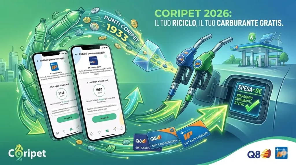 Prezzo Benzina alle Stelle? Ecco come Risparmiare sul Carburante con il Riciclo Coripet nel 2026 Prezzo Benzina; Screenshot dell'app Coripet che mostra i passaggi per richiedere gli sconti Q8 e IP usando i punti accumulati.