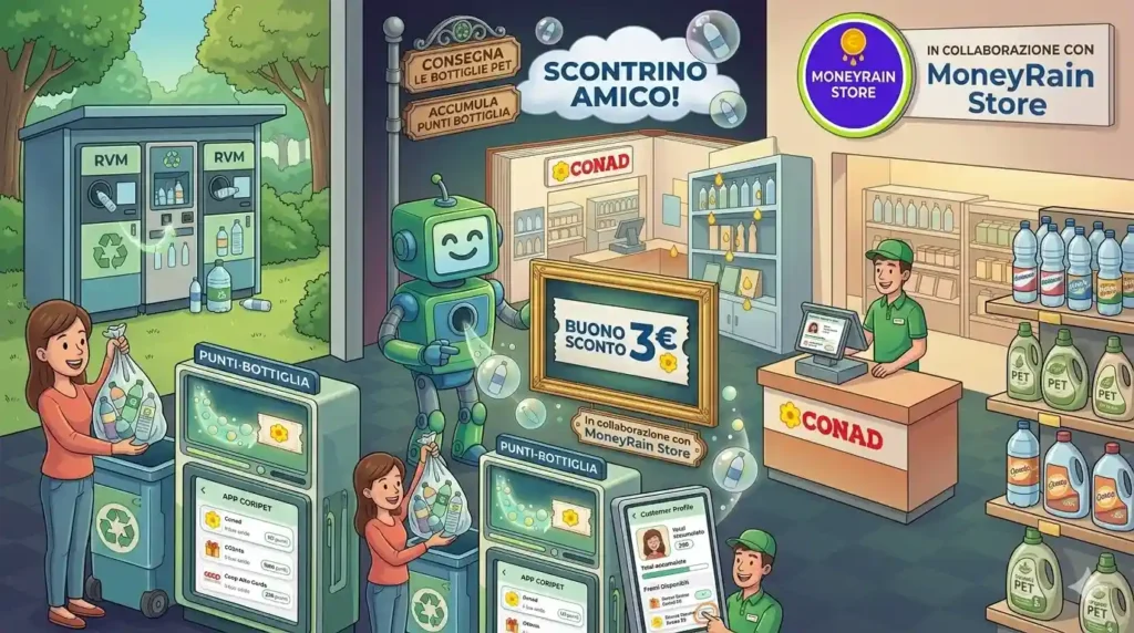Conad Sconto 2026: La Guida Definitiva al Riciclo Coripet che ti Regala i Buoni Spesa Infografica widescreen illustrativa che mostra come riciclare bottiglie di plastica (PET) presso le macchine RVM Coripet nel parco e convertire i "Punti-Bottiglia" in un buono sconto Conad 2026 da 3€ presso la cassa del supermercato, in collaborazione con MoneyRain Store.
