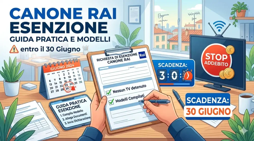 Un'illustrazione professionale che mostra una persona che compila un modulo di esenzione dal Canone Rai su una scrivania. L'immagine include un calendario con la data del 30 giugno cerchiata in rosso, un computer con la scritta "STOP ADDEBITO" e vari elementi che richiamano la guida pratica e la scadenza imminente.