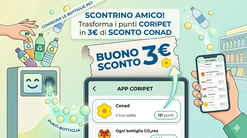 Infografica che illustra come ottenere un buono Conad sconto 2026 da 3 euro riciclando bottiglie in plastica (PET) con l'app Coripet.