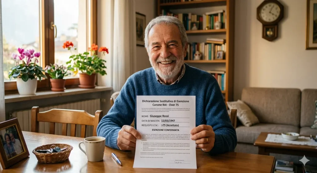 Canone Rai Esenzione: Guida Pratica e Modelli per Evitare l'Addebito entro il 30 Giugno Un'allegra illustrazione artistica che raffigura un anziano signore con un'espressione gioiosa e sollevata, che salta felice. È circondato da simboli festosi e fluttuanti, tra cui un grande numero '75' dorato e luminoso, una pergamena con la scritta 'ESENZIONE CONFERMATA' e un timbro Rai, e un calendario che evidenzia il '30 GIUGNO'. Monete d'oro e banconote si librano nell'aria come coriandoli, e sullo sfondo si vede una TV con un'antenna a forma di cuore e un simbolo di 'risparmio'. L'immagine è piena di colori caldi e ha uno stile dinamico, celebrando la libertà e la gioia di non dover pagare il canone.