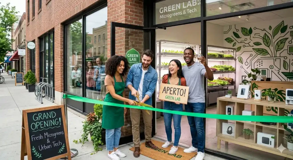 Bonus Giovani Imprenditori: La Guida Definitiva ai Finanziamenti 2026 per la Transizione Tech con Assoenologi Un'immagine di quattro giovani felici e sorridenti che celebrano l'inaugurazione del loro negozio, "GREEN LAB: Microgreens & Tech". Due donne al centro tagliano un nastro verde con grandi forbici dorate, tenendo un cartello di legno che dice "APERTO! GREEN LAB". Un uomo a destra solleva un calice in festa, e una donna a sinistra partecipa al taglio del nastro. Il negozio sullo sfondo ha scaffali di micro-ortaggi idroponici e un cartello "GREEN LAB: Microgreens & Tech" sopra la porta. All'esterno, un cartello a cavalletto recita "GRAND OPENING! Fresh Microgreens & Urban Tech". La scena รจ illuminata da luce naturale diurna in una strada urbana.