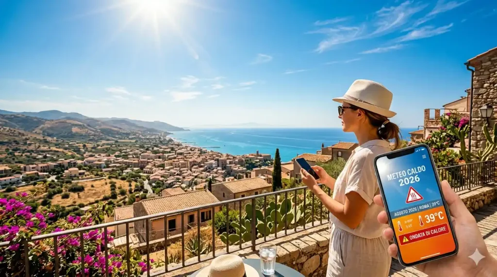 Immagine di una donna che consulta le previsioni meteo caldo 2026 per l'estate sul suo smartphone, che mostra un'ondata di caldo con 39°C a Roma, con un borgo costiero italiano sullo sfondo sotto un sole cocente.