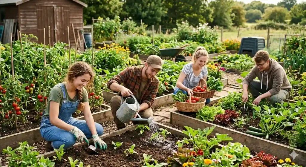 Bonus Giovani Imprenditori: La Guida Definitiva ai Finanziamenti 2026 per la Transizione Tech con Assoenologi Quattro giovani ragazzi sorridenti sono impegnati a coltivare un orto rigoglioso con letti rialzati in legno in una giornata di sole. Una ragazza in primo piano trapianta una piantina, mentre un ragazzo annaffia con un annaffiatoio di metallo. Una seconda ragazza raccoglie ortaggi freschi in un cesto di vimini e un altro ragazzo lavora il terreno con una piccola vanga. L'orto รจ pieno di piante di pomodoro, insalata e fiori, con un capanno da giardino e alberi sullo sfondo.