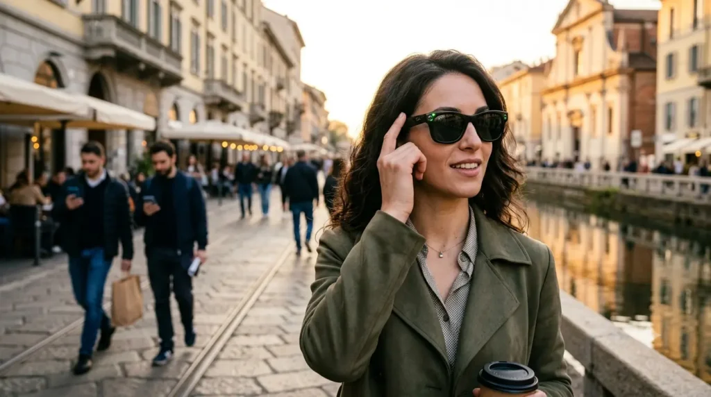 Una donna sorridente indossa e tocca la stanghetta dei Ray-Ban Meta glasses mentre cammina lungo un canale cittadino all'ora d'oro.
