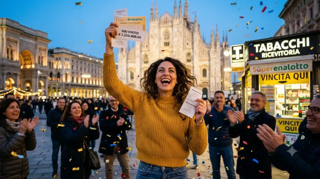 Superenalotto Concorso: La Storia, le Probabilità e il Confronto con le Scommesse Sportive Donna esultante in Piazza Duomo a Milano che mostra una ricevuta vincente del superenalotto concorso tra i coriandoli vicino a una ricevitoria tabacchi.