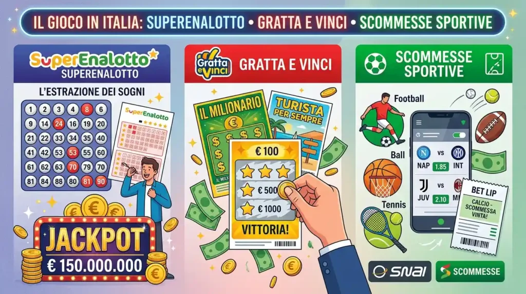 Superenalotto Concorso: La Storia, le Probabilità e il Confronto con le Scommesse Sportive Illustrazione orizzontale divisa in tre sezioni: a sinistra, SuperEnalotto con tabellone numeri e jackpot da 150 milioni; al centro, Gratta e Vinci con biglietti "Il Milionario" e una mano che gratta; a destra, scommesse sportive con smartphone, quote di calcio e basket e ricevuta vincente.