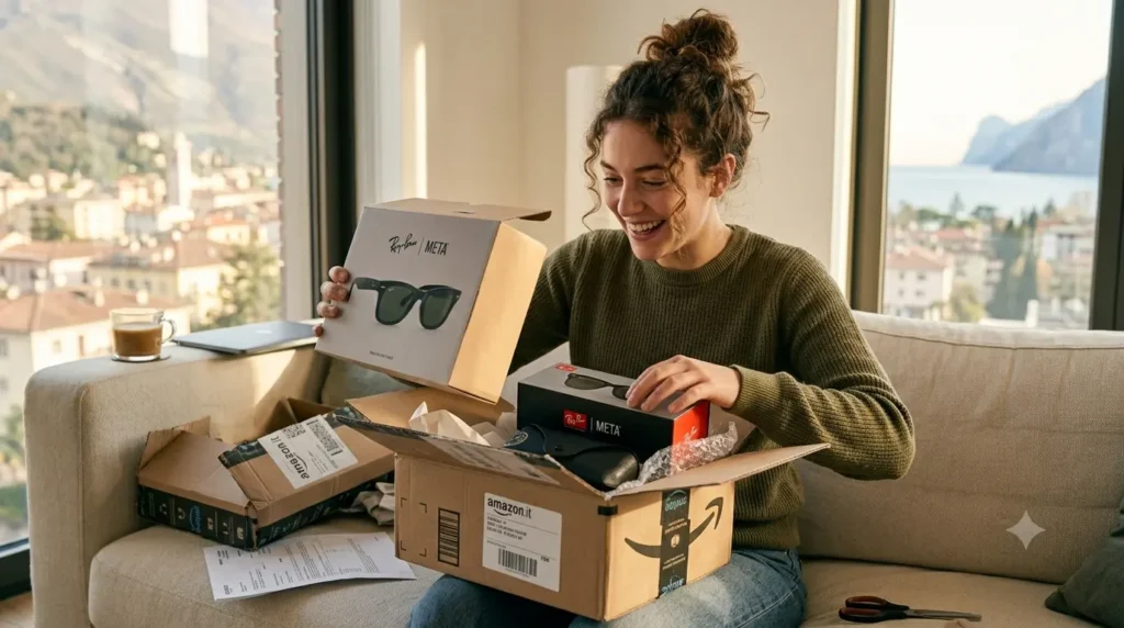 Ray-Ban Meta Glasses: La Recensione Completa degli Occhiali Smart con IA Una ragazza sorridente seduta sul divano mentre apre un pacco Amazon contenente la confezione dei nuovi meta glasses.