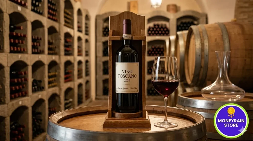 Miglior Vino Toscano 2026: Guida alle Eccellenze e Alle Offerte Esclusive Online Primo piano professionale di una bottiglia di Vino Toscano 2026 e un calice su una botte di legno, con il logo Moneyrain Store, all'interno di una storica cantina di invecchiamento con botti e rastrelliere.