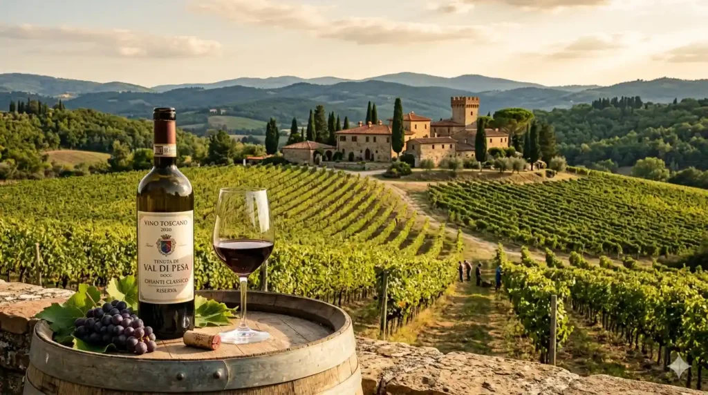 Vino toscano 2026; Primo piano di una bottiglia e un calice di Chianti Classico Riserva 2026 su una botte di legno, con una storica tenuta toscana e vigneti sullo sfondo al tramonto